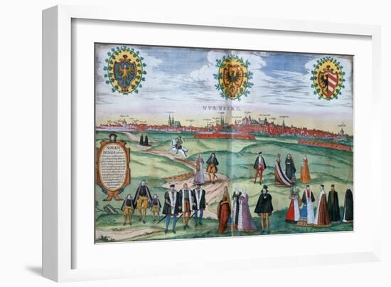 A Panoramic View of Nuremberg, with Figures in Local Dress in the Foreground, C.1575-null-Framed Giclee Print