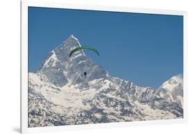 A Paraglider Hangs in Air with Dramatic Peak of Machapuchare (Fishtail Mountain) in Distance-Alex Treadway-Framed Photographic Print