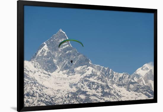 A Paraglider Hangs in Air with Dramatic Peak of Machapuchare (Fishtail Mountain) in Distance-Alex Treadway-Framed Photographic Print