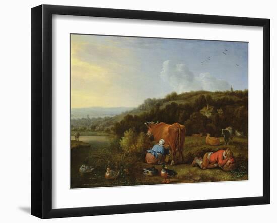 A Pastoral Landscape with a Milkmaid and a Sleeping Cowherd, 17Th Century-Herman the Younger Saftleven-Framed Giclee Print