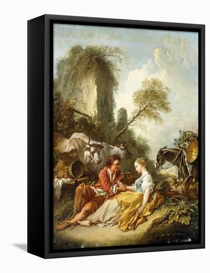 A Pastoral Landscape with a Shepherd and Shepherdess Seated by Ruins-Francois Boucher-Framed Stretched Canvas