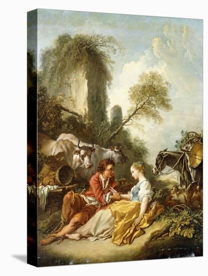 A Pastoral Landscape with a Shepherd and Shepherdess Seated by Ruins-Francois Boucher-Stretched Canvas