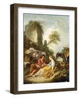 A Pastoral Landscape with a Shepherd and Shepherdess Seated by Ruins-Francois Boucher-Framed Giclee Print