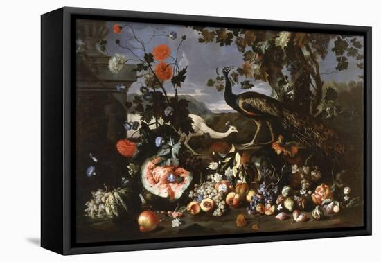 A Peacock and a Penhen with Fruit and Flowers in a Park-Franz Werner Tamm-Framed Stretched Canvas