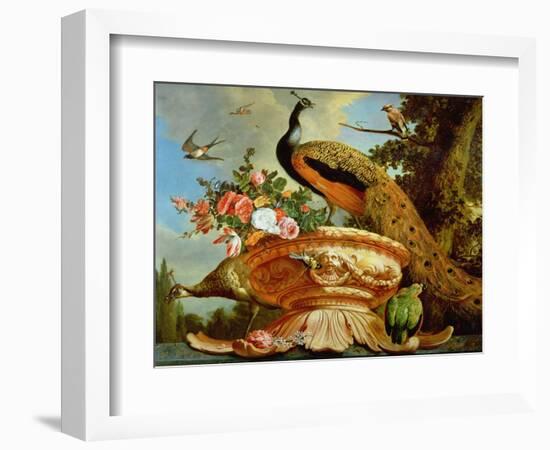 A Peacock on a Decorative Urn-Melchior de Hondecoeter-Framed Giclee Print