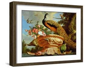 A Peacock on a Decorative Urn-Melchior de Hondecoeter-Framed Giclee Print