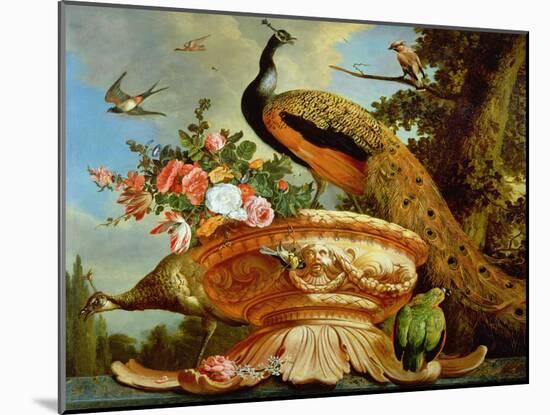 A Peacock on a Decorative Urn-Melchior de Hondecoeter-Mounted Giclee Print