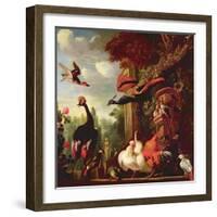 A Peacock, Peahen and Other Exotic Birds and Poultry on a Terrace-Melchior de Hondecoeter-Framed Giclee Print