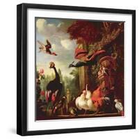 A Peacock, Peahen and Other Exotic Birds and Poultry on a Terrace-Melchior de Hondecoeter-Framed Giclee Print