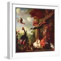 A Peacock, Peahen and Other Exotic Birds and Poultry on a Terrace-Melchior de Hondecoeter-Framed Giclee Print