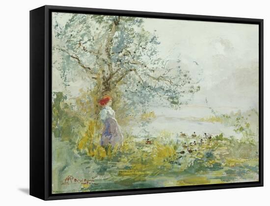 A Peasant Girl and Ducks in a Wooded Lake Landscape-Pompeo Mariani-Framed Stretched Canvas