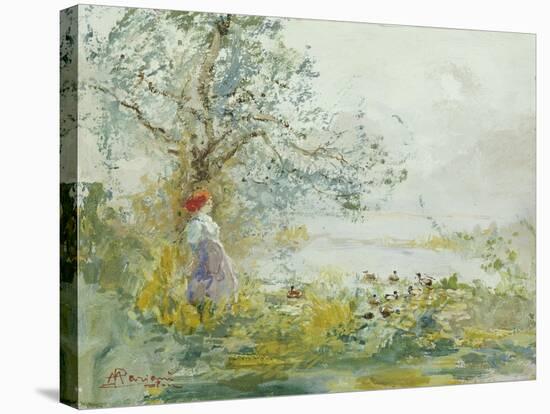 A Peasant Girl and Ducks in a Wooded Lake Landscape-Pompeo Mariani-Stretched Canvas