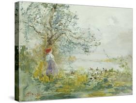 A Peasant Girl and Ducks in a Wooded Lake Landscape-Pompeo Mariani-Stretched Canvas