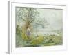 A Peasant Girl and Ducks in a Wooded Lake Landscape-Pompeo Mariani-Framed Giclee Print