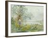 A Peasant Girl and Ducks in a Wooded Lake Landscape-Pompeo Mariani-Framed Giclee Print
