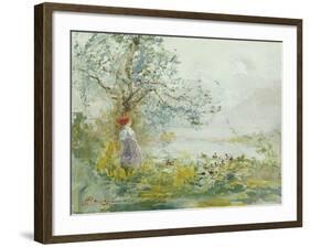 A Peasant Girl and Ducks in a Wooded Lake Landscape-Pompeo Mariani-Framed Giclee Print