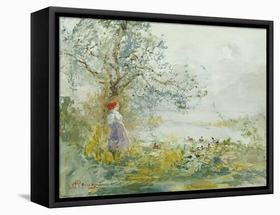 A Peasant Girl and Ducks in a Wooded Lake Landscape-Pompeo Mariani-Framed Stretched Canvas