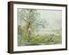 A Peasant Girl and Ducks in a Wooded Lake Landscape-Pompeo Mariani-Framed Giclee Print