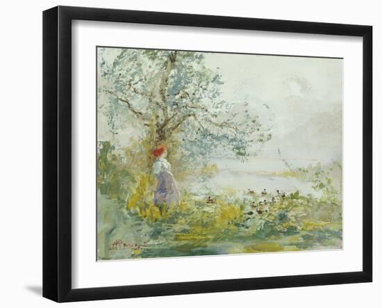 A Peasant Girl and Ducks in a Wooded Lake Landscape-Pompeo Mariani-Framed Giclee Print