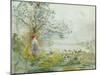 A Peasant Girl and Ducks in a Wooded Lake Landscape-Pompeo Mariani-Mounted Giclee Print