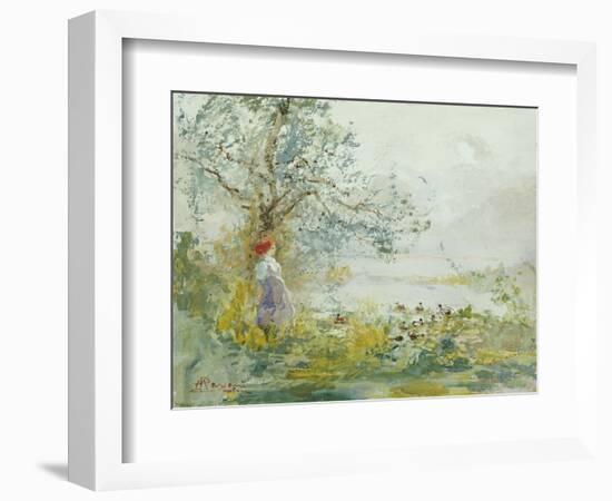 A Peasant Girl and Ducks in a Wooded Lake Landscape-Pompeo Mariani-Framed Giclee Print