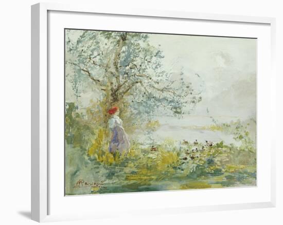 A Peasant Girl and Ducks in a Wooded Lake Landscape-Pompeo Mariani-Framed Giclee Print