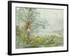 A Peasant Girl and Ducks in a Wooded Lake Landscape-Pompeo Mariani-Framed Giclee Print