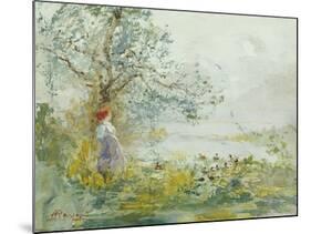 A Peasant Girl and Ducks in a Wooded Lake Landscape-Pompeo Mariani-Mounted Giclee Print