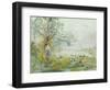 A Peasant Girl and Ducks in a Wooded Lake Landscape-Pompeo Mariani-Framed Giclee Print