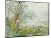 A Peasant Girl and Ducks in a Wooded Lake Landscape-Pompeo Mariani-Mounted Giclee Print