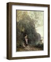 A Peasant Woman Grazing a Cow at the Edge of a Forest-Jean-Baptiste-Camille Corot-Framed Giclee Print