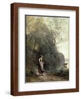 A Peasant Woman Grazing a Cow at the Edge of a Forest-Jean-Baptiste-Camille Corot-Framed Giclee Print