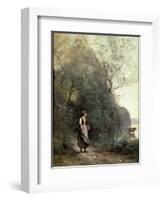 A Peasant Woman Grazing a Cow at the Edge of a Forest-Jean-Baptiste-Camille Corot-Framed Giclee Print