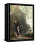 A Peasant Woman Grazing a Cow at the Edge of a Forest-Jean-Baptiste-Camille Corot-Framed Stretched Canvas