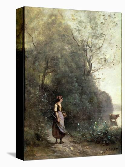 A Peasant Woman Grazing a Cow at the Edge of a Forest-Jean-Baptiste-Camille Corot-Stretched Canvas