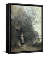 A Peasant Woman Grazing a Cow at the Edge of a Forest-Jean-Baptiste-Camille Corot-Framed Stretched Canvas