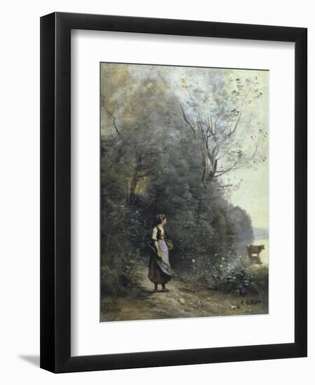 A Peasant Woman Grazing a Cow at the Edge of a Forest-Jean-Baptiste-Camille Corot-Framed Art Print