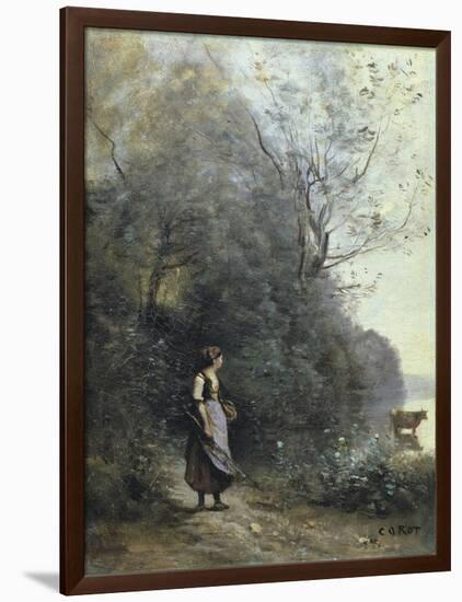 A Peasant Woman Grazing a Cow at the Edge of a Forest-Jean-Baptiste-Camille Corot-Framed Art Print