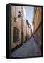 A pedestrian walks the streets of Stockholm's colorful and historic Gamla Stan district, Stockholm,-Jon Reaves-Framed Stretched Canvas
