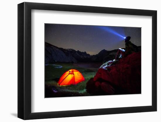 A person looks at stars near his red tent, Unterer Segnesboden, Flims, Switzerland-Francesco Bergamaschi-Framed Photographic Print