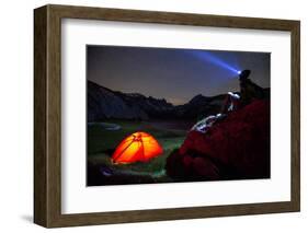 A person looks at stars near his red tent, Unterer Segnesboden, Flims, Switzerland-Francesco Bergamaschi-Framed Photographic Print