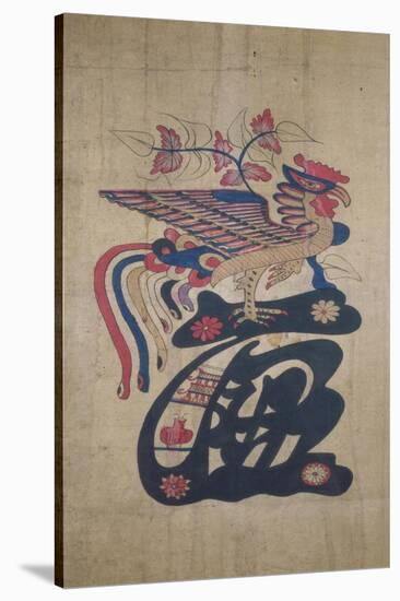 A Phoenix Perched on a Large Stylised Character Among Flowers and Foliage-null-Stretched Canvas