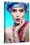 A Photo of Beautiful Girl in a Head-Dress from the Coloured Fabric,On a Blue Background Glamour-Pandorabox-Stretched Canvas