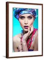 A Photo of Beautiful Girl in a Head-Dress from the Coloured Fabric,On a Blue Background Glamour-Pandorabox-Framed Photographic Print