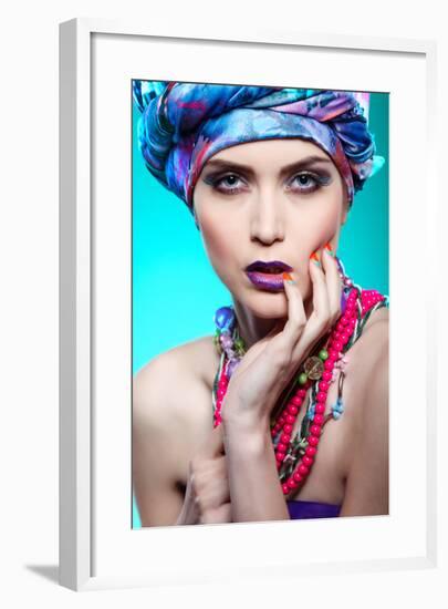 A Photo of Beautiful Girl in a Head-Dress from the Coloured Fabric,On a Blue Background Glamour-Pandorabox-Framed Photographic Print