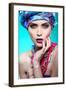 A Photo of Beautiful Girl in a Head-Dress from the Coloured Fabric,On a Blue Background Glamour-Pandorabox-Framed Photographic Print