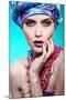 A Photo of Beautiful Girl in a Head-Dress from the Coloured Fabric,On a Blue Background Glamour-Pandorabox-Mounted Photographic Print