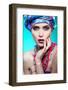 A Photo of Beautiful Girl in a Head-Dress from the Coloured Fabric,On a Blue Background Glamour-Pandorabox-Framed Photographic Print