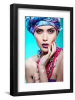 A Photo of Beautiful Girl in a Head-Dress from the Coloured Fabric,On a Blue Background Glamour-Pandorabox-Framed Photographic Print