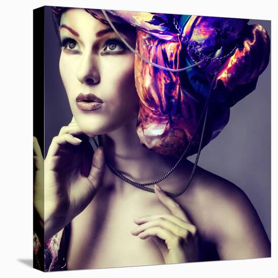 A Photo of Beautiful Redheaded Girl in a Head-Dress from the Coloured Fabric, Glamour-Pandorabox-Stretched Canvas